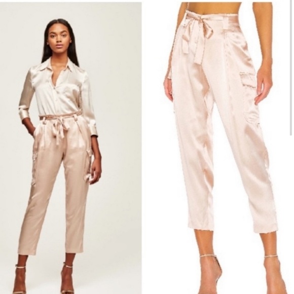 L’AGENCE Light Petal Pink Roxy Cargo Satin Pants Satin...